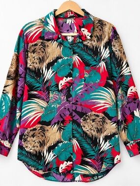 Vintage Karen Jouet Lion Jungle Tropical Print Button Up Shirt Made USA
